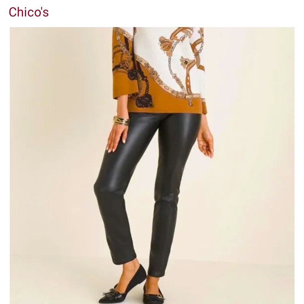 Chicos Five pocket slim pant, faux leather, sz 0R but Chicos runs big- $99 NWT